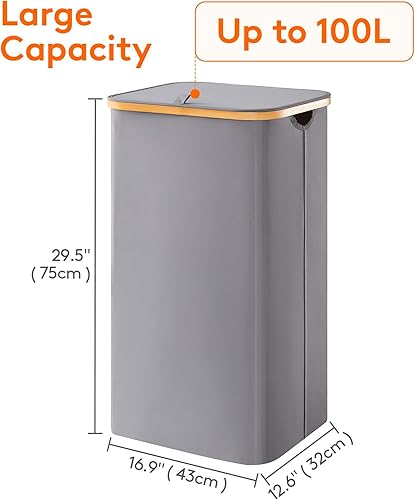 Miniatura 4 de Lifewit Cesta de lavandería de 100 litros con tapa, cestas de ropa para lavandería con asas de bambú y una bolsa de lavandería extraíble, cesta