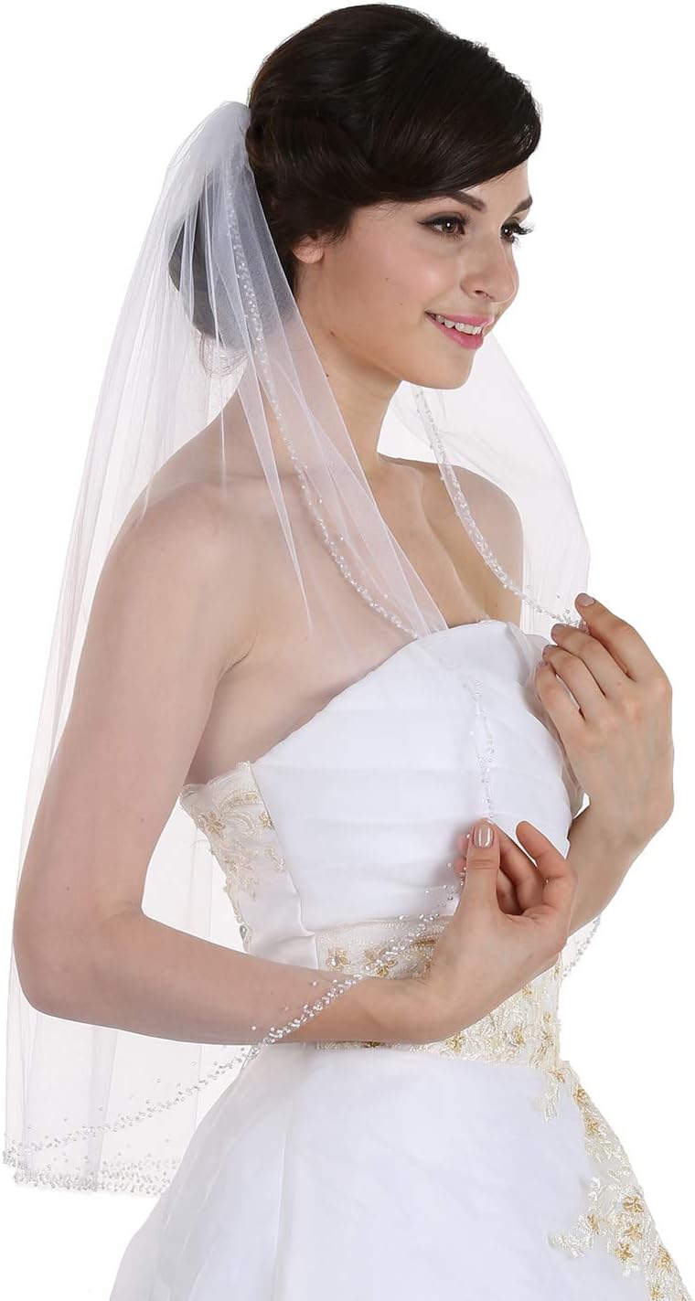 SAMKY 1T 1 Tier Hand Sewn Pearl Beaded Edge Bridal Veil