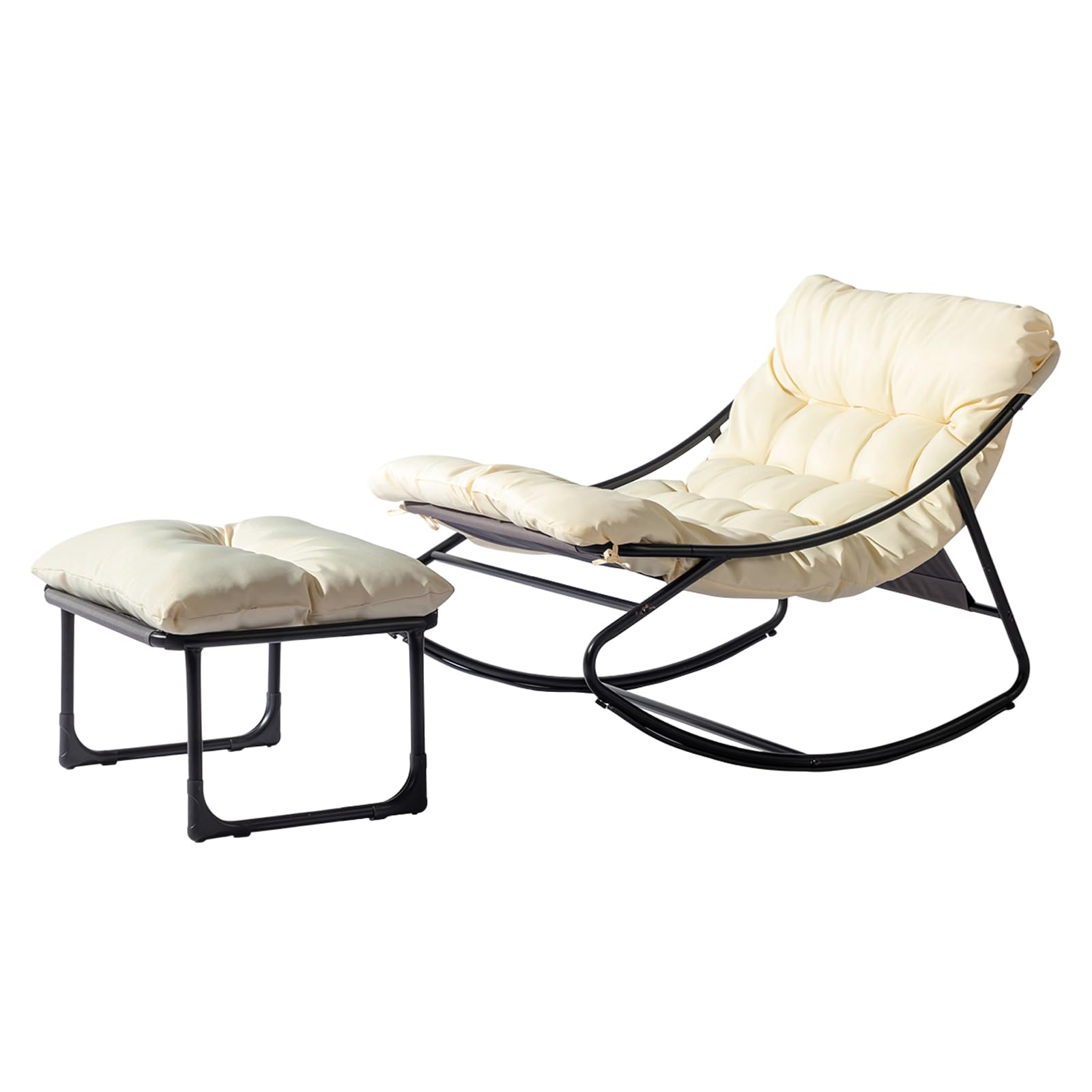 Bonnlo Outdoor Rocking Chair for Adults with Ottoman, Comfortable Cushioned Metal Lounge Chair for Indoor & Outdoor, White