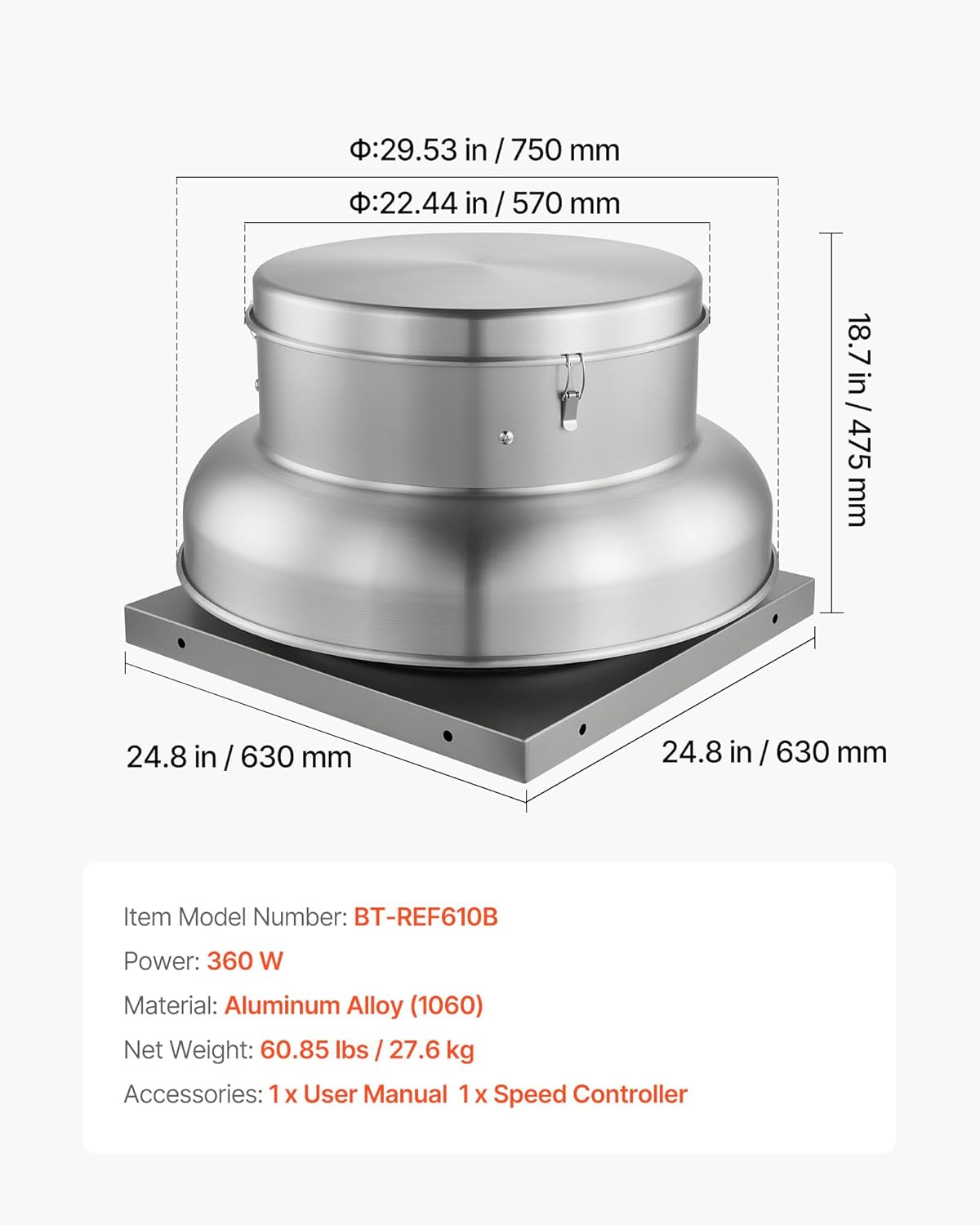 VEVOR Roof Exhaust Fan, 3000CFM & 3900CFM Adjustable Speed Control Attic Vent Fan with High-Power Motor, 24.8inch Fan Base Heavy-Duty Aluminum Alloy, Compact for Garage,Kitchen,Bathroom,Silver