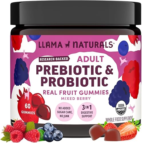 Llama Naturals Probióticos para mujeres y hombres con fibra prebiótica, veganas, orgánicas, gomitas probióticas para apoyo a la salud intestinal,