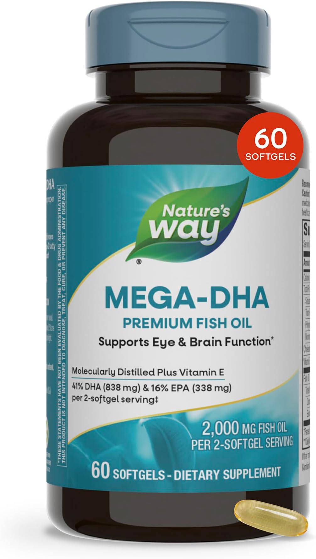 Nature's Way Mega-DHA Premium Fish Oil, Eye and Brain Health*, Omega-3, 60 Softgels | Eye and Brain Function and Heart Health Support*; Molecularly Distilled and Tested for PCBs, Heavy Metals, and Impurities