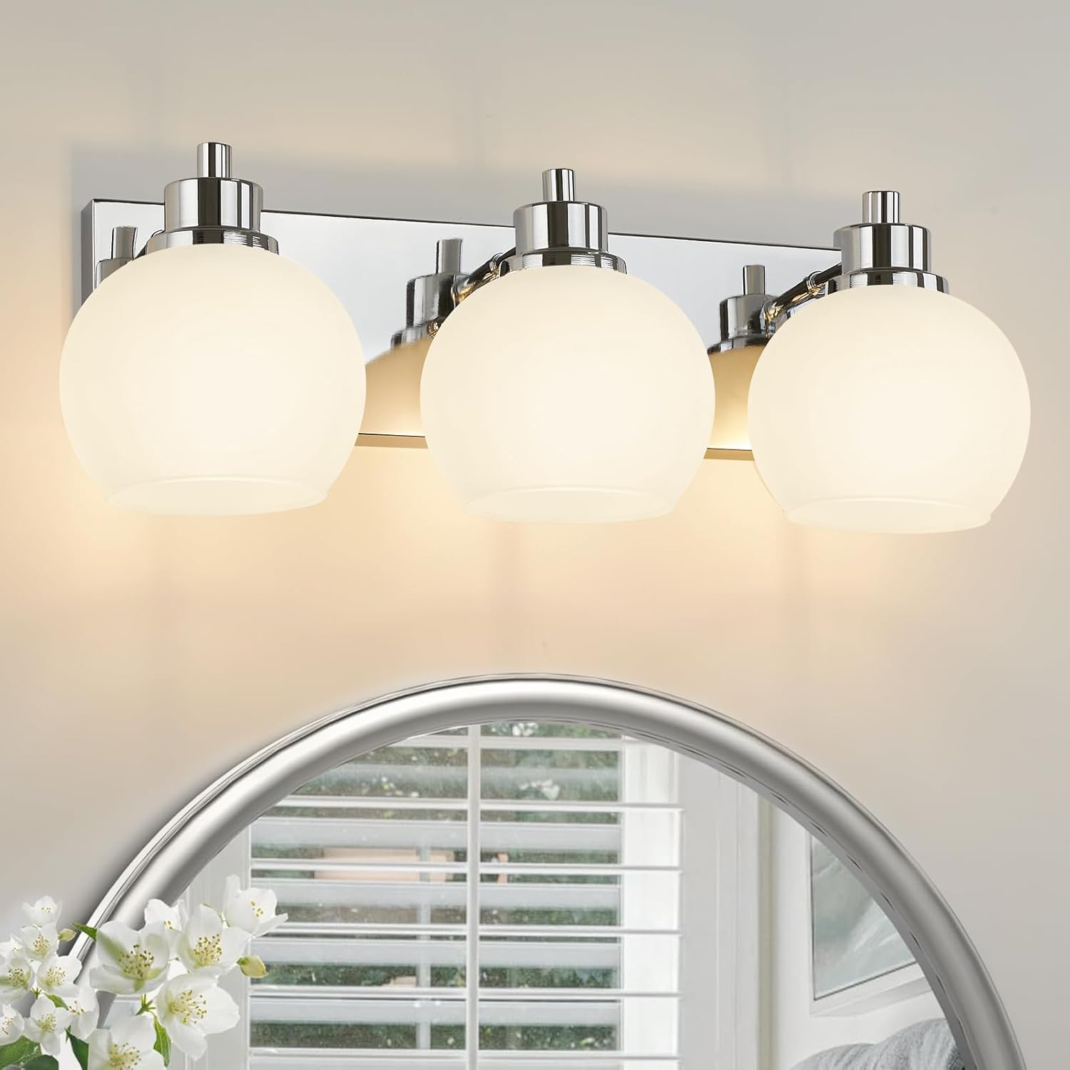 Tuscarora Bathroom Light Fixtures, Chrome Vanity Light 3 Light Bathroom Vanity Light with Milk