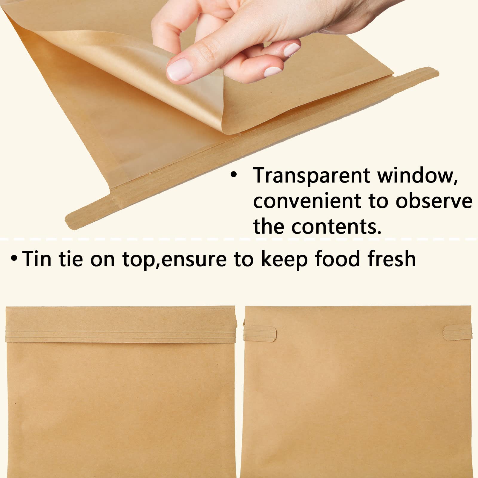 QTLCOHD 100 bolsas de panadería con ventana, 5.1 x 4.3 x 11 pulgadas, bolsas de pan de papel marrón, bolsas de papel de hojaldre con cierre de pestaña para embalaje de galletas, pan, palomitas de
