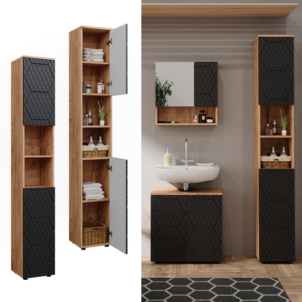 Vicco Armario de baño Irma Antracita con Estructura de Panal 30x192 cm | para guardar artículos de baño y compatible con la serie Irma