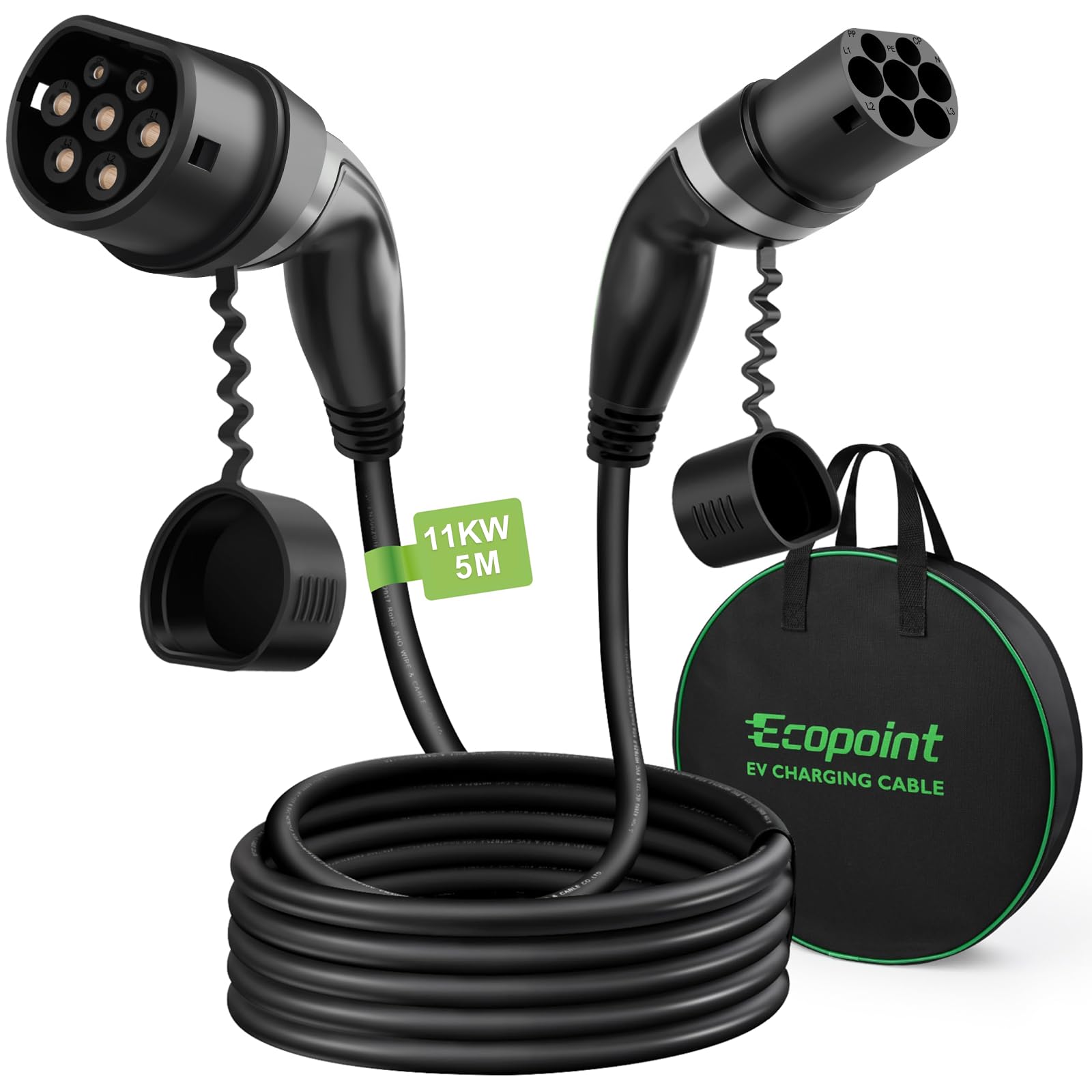 11-5-STR Typ 2 Ladekabel für Elektrofahrzeuge, 11 kW, tragbares 3-Phasen 16A, Mennekes Mode 3 Ladekabel für EV und PHEV (5M Gerades Kabel)