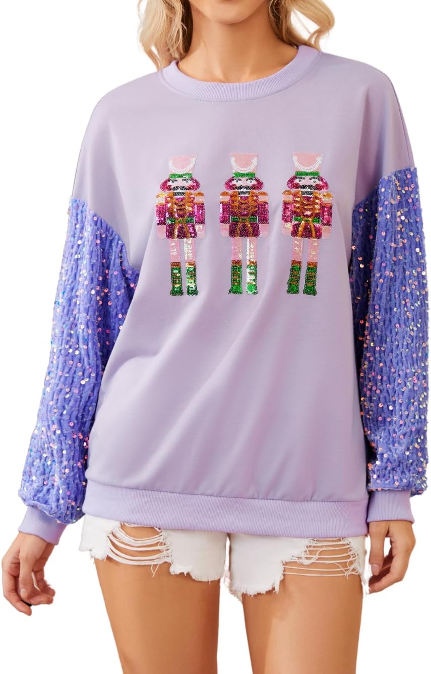 ChiaoLezhee Womens Christmas Sequin Sweatshirts, Velvet Sparkle Long Sleeve Crewneck, Drop Shoulder Lightweight Pullover Tops