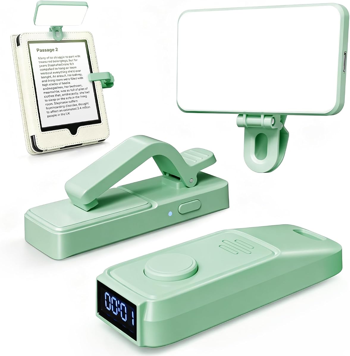 (Se adapta a todos los estuches) Pasador de páginas para Kindle, luz portátil para selfies, rastreador de temporizador de lectura, luz de libro para Kindle, iPad, iOS Android. Clicker para Kindle para grabación de vídeo con cámara y obturador para selfies (K3-Green)