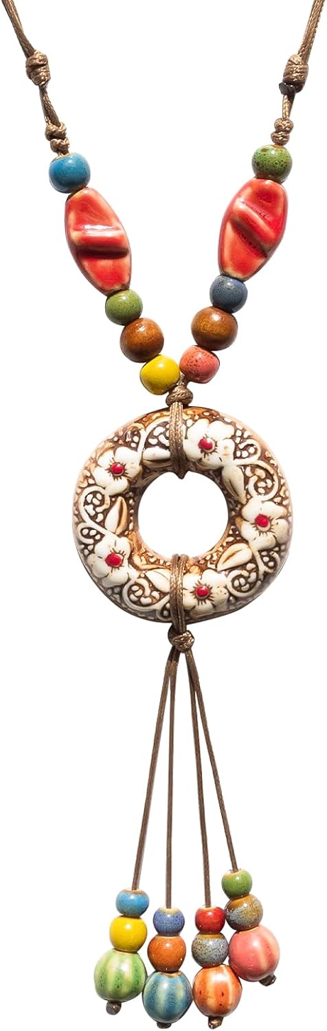 Boho Ceramic Flower Donut Pendant Necklace, Beads Adjustable Cord Jewelry, Ethnic Hippie Tassel Jewelry for Women