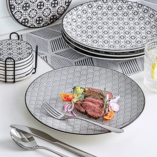 Vancasso Haruka Ceramic Dinner Plates 10 Inch, Round Salad Plates Fit Steak Fruit Pasta Pancake, Microwave, Oven, Freezer And Dishwasher Safe, Set Of 4, Japanese Plates Black And White #TOP4