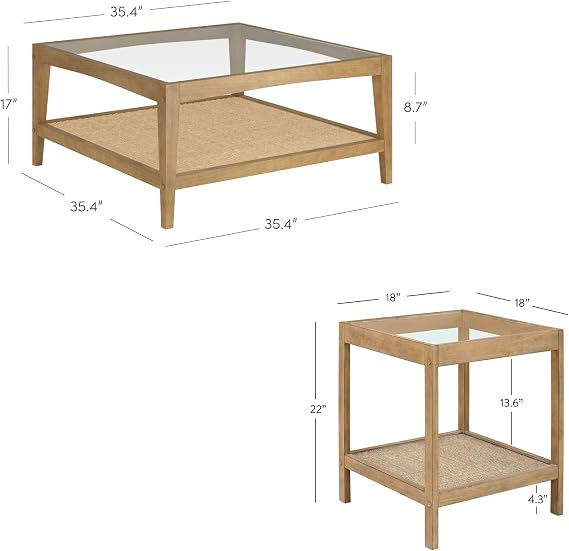 Nathan James Hayes Glass Coffee Table and Side Table Set with Rattan Bottom Shelf, Bohemian 3-Piece Living Room Set
