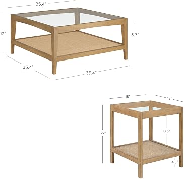 Nathan James Hayes Glass Coffee Table and Side Table Set with Rattan Bottom Shelf, Bohemian 3-Piece Living Room Set