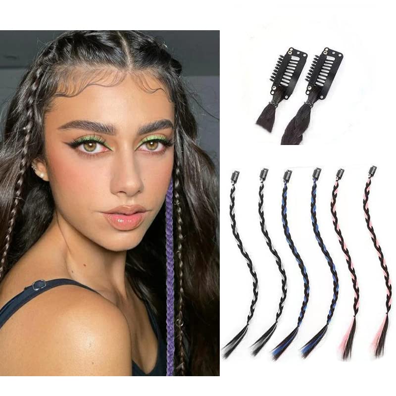 Peluca sintética de 18 pulgadas, 6 piezas de trenzas de bebé, cortina frontal con flequillo, extensiones de cabello largo con clip, trenzas de cola