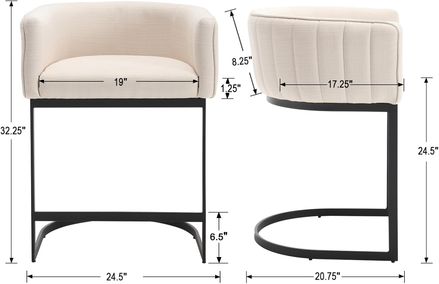 Modern Counter Height Bar Stools Set of 3 for Kitchen Island, Beige, Linen Fabric Upholstered Barrel Back Stool Chair with Unique Metal Legs