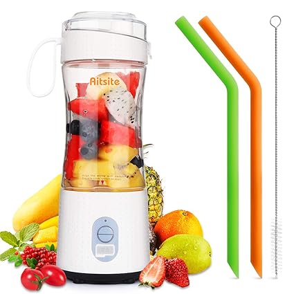 Aitsite Portable Blender, Personal Mixer Fruit Rechargeable USB with 2 Straws, Mini Blender for Smoothie, Fruit Juice, Milk Shakes 380ml, Six 3D Blades for Great Mixing (White)