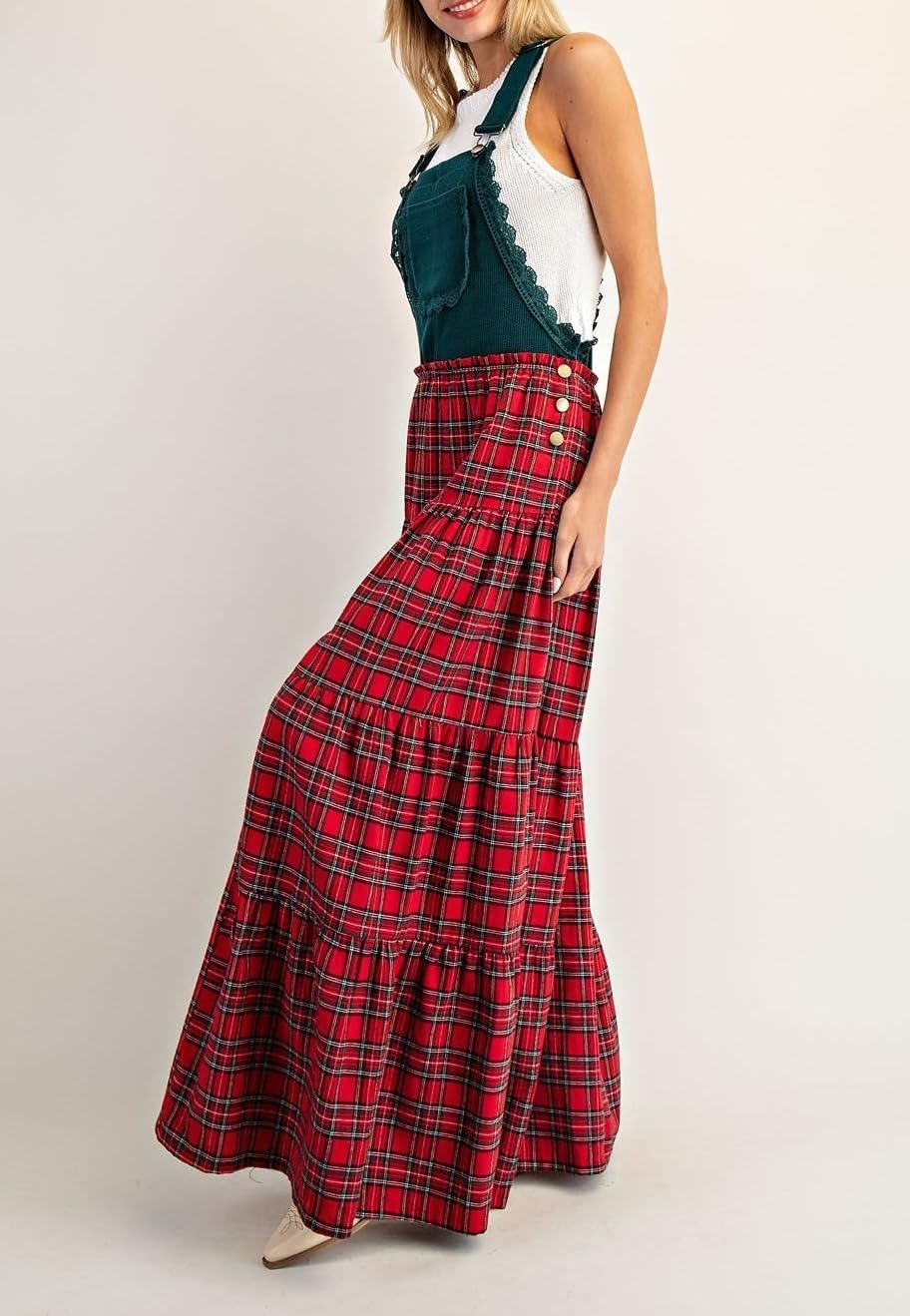 Aonoapll Women Christmas Plaid Overalls Jumpsuit Sleeveless Tiered Wide Leg Pants Rompers Gingham One Piece Xmas Overalls - Image 3