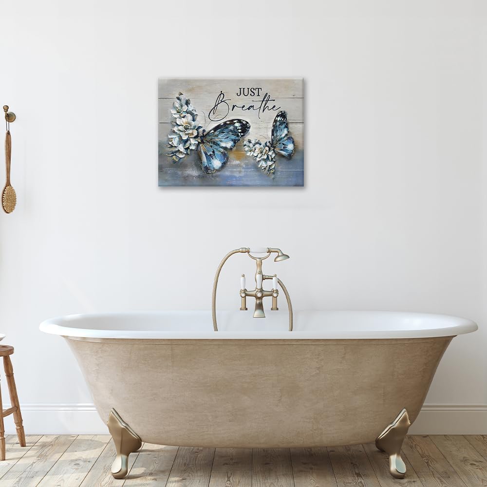 Farmhouse Blue Butterfly Flower Decor Wall Art Vintage Rustic Country Butterfly Just Breathe Pictures Wall Decor Canvas Painting Prints Artwork Home Decorations Framed for Bathroom Bedroom 16"x12" - Image 4
