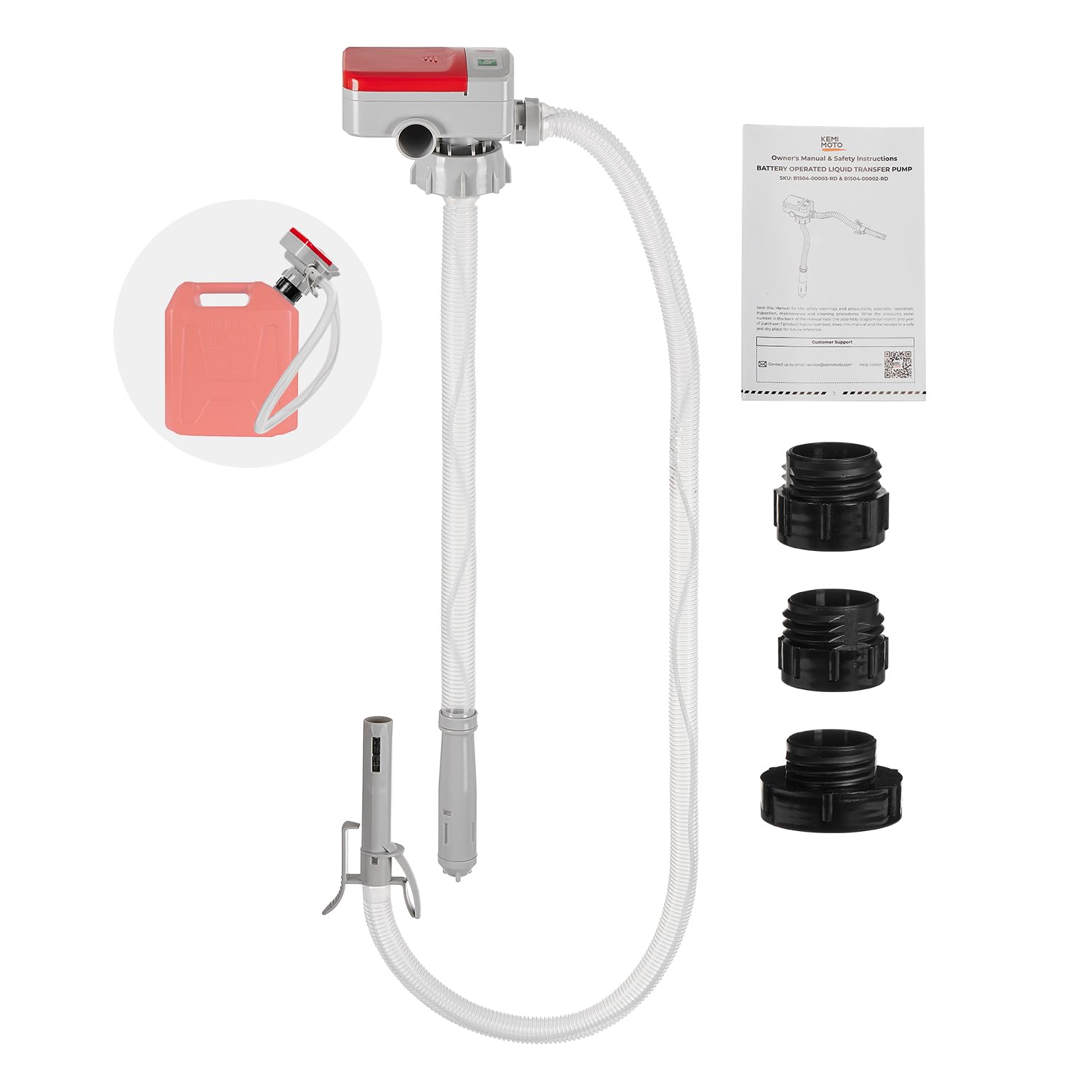 KEMIMOTO Elektrische Kraftstoffpumpe, Umfüllpumpe mit automatischer Abschaltsensor,Überlaufschutz, 2,4 GPM Schnellfluss, mit 3 Kanisteradaptern, 130m Schlauch für Benzin, Diesel, Öl