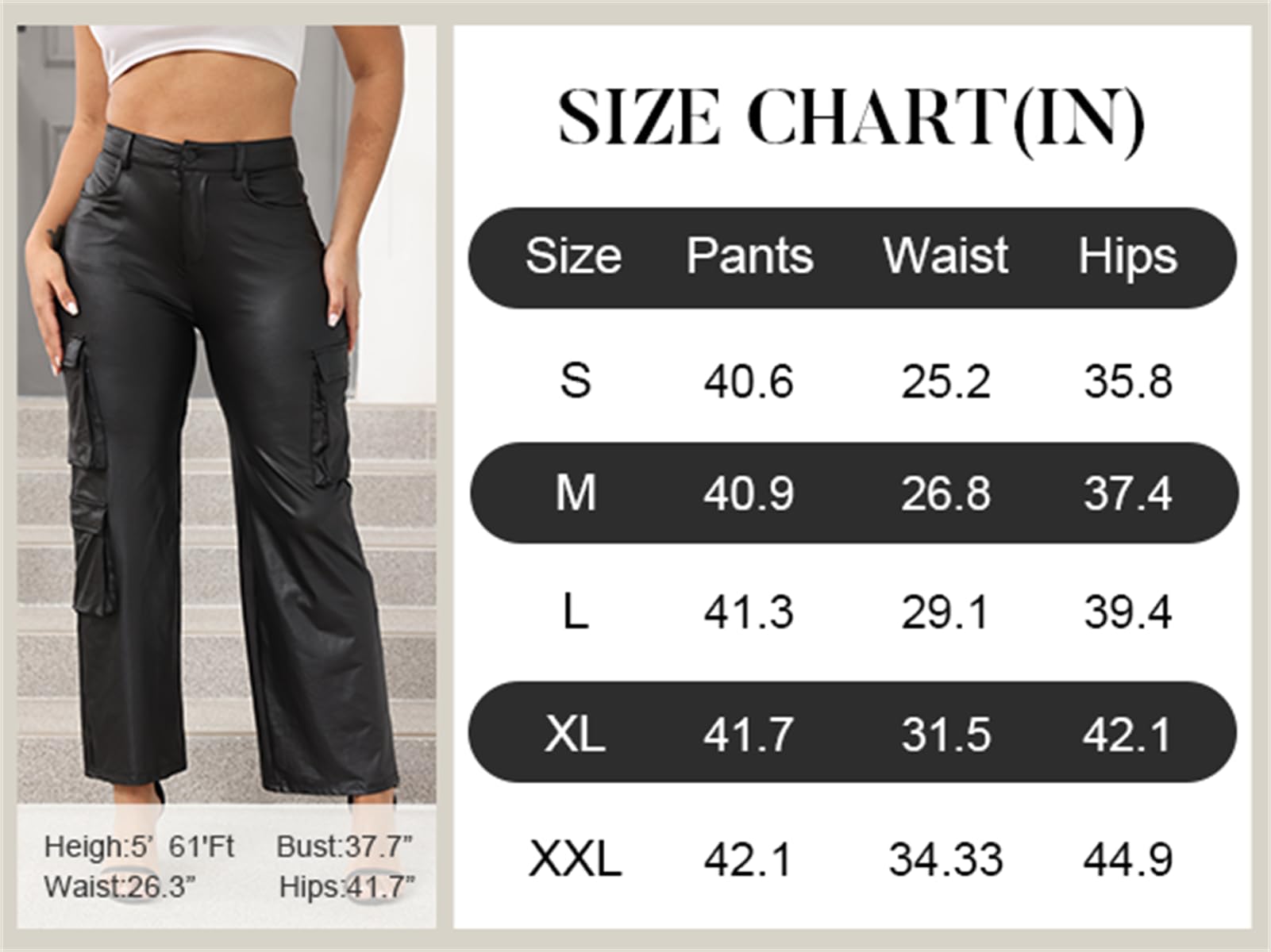 CALEBGAR Pantalon cargo en similicuir extensible taille haute pour femme avec poches