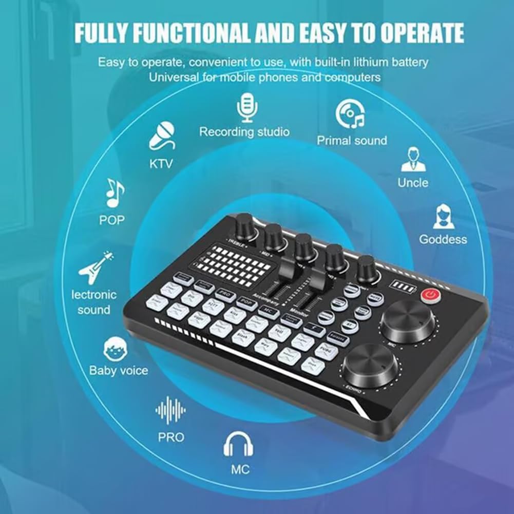 Scheda Audio Live con Effetti di Mixer e Cambiatore di Voce, F998 Mixer Audio, Scheda Audio Professionale con Luce LED, Molteplici Effetti Sonori e Cambiatore di Voce per Streaming,Black