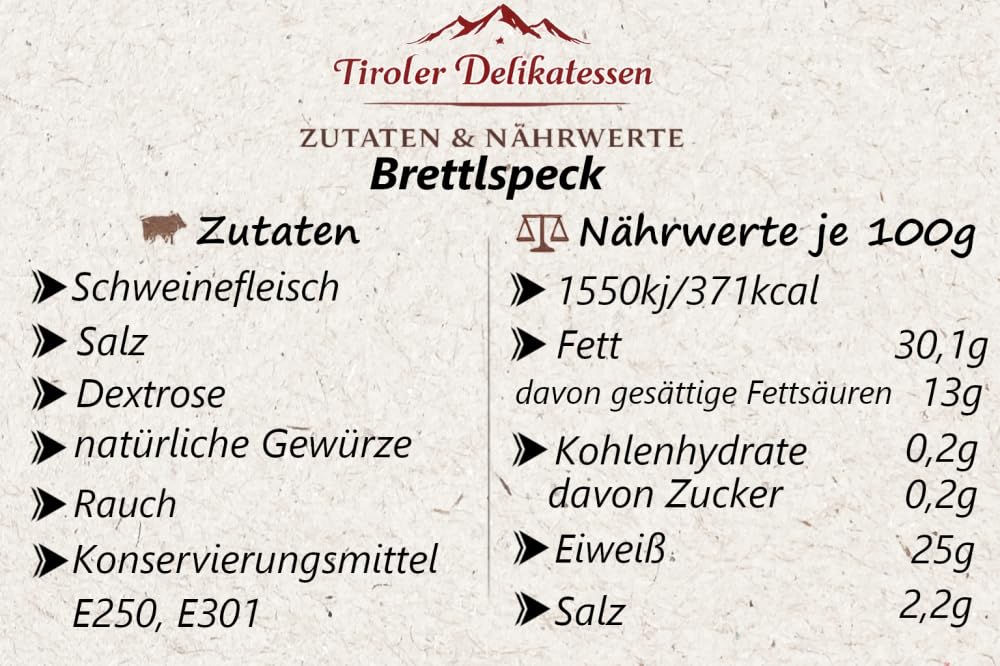 Almgourmet - Südtiroler Brettlspeck - 2 Stück je 300g - würziger Speck ohne Knorpelleiste - über Buchenholz geräuchert