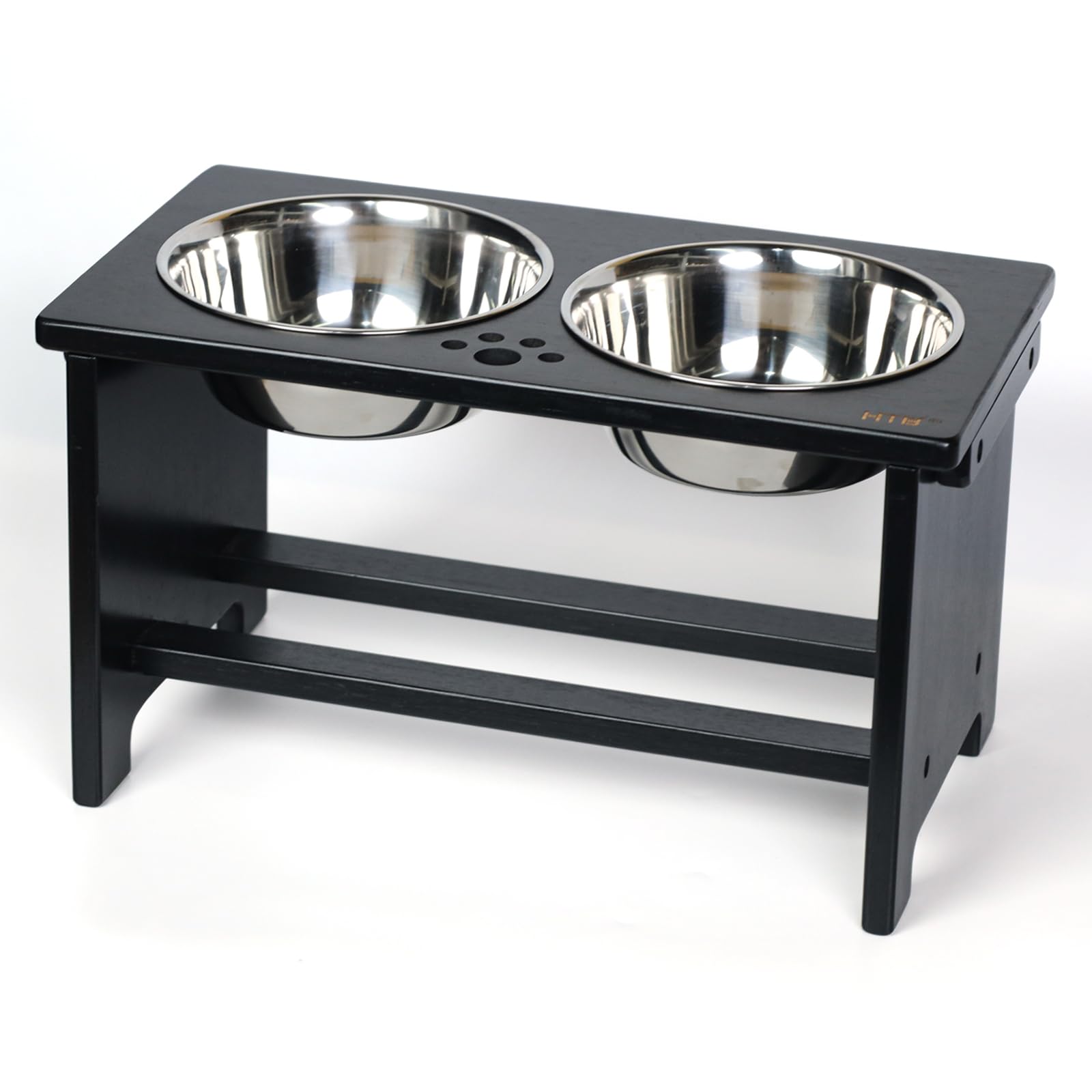 HTB Black Raised Dog Bowls With Stand, Bamboo Elevated Dog Bowls for Large Medium Small Size Dogs, Bamboo Pet Food And Water Feeder With 2 Stainless Steel Bowls - 43.99cm(L)*24cm(W)*25.5cm(H) - Black