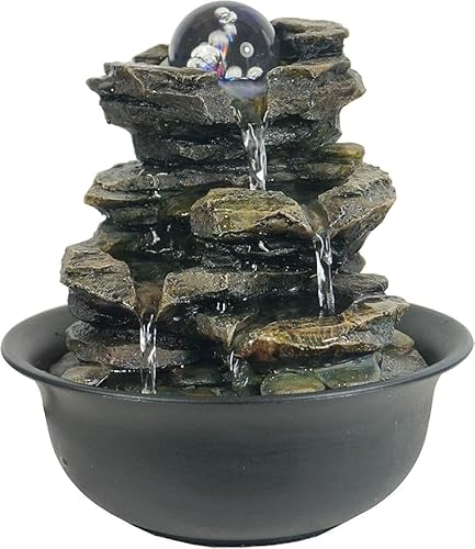 Creative Touch 25cm Indoor Rock Water Fountain with Ambient Lighting & Spinning Crystal Ball - Tabletop Water Feature for Home Office Decor