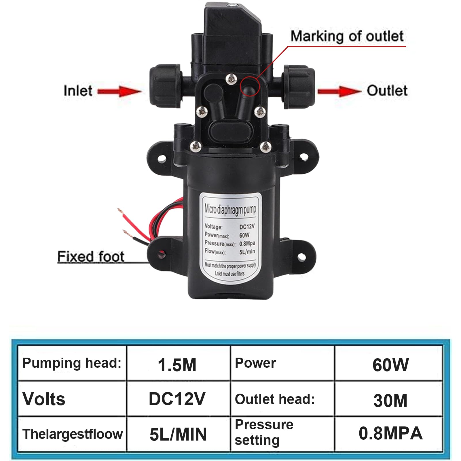 Jadeshay Pompa Acqua 12V, pompa autoadescante DC 12V 116Psi Pompa Acqua Pressione per Roulotte Barca Camper Giardino Pulizia Veicoli Camper 60W