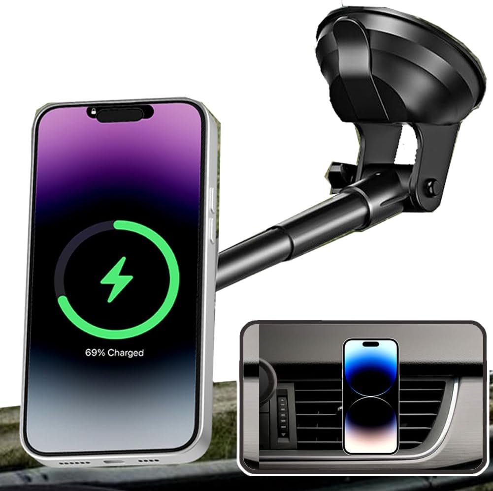 XUKEY Magnetic Car Phone Holder for Dashboard Windshield Vent Car Mount with Adjustable Telescopic Arm for Your Car Suction Cellphone Stand for iPhone 16 15 14 13 12 Pro Max Samsung