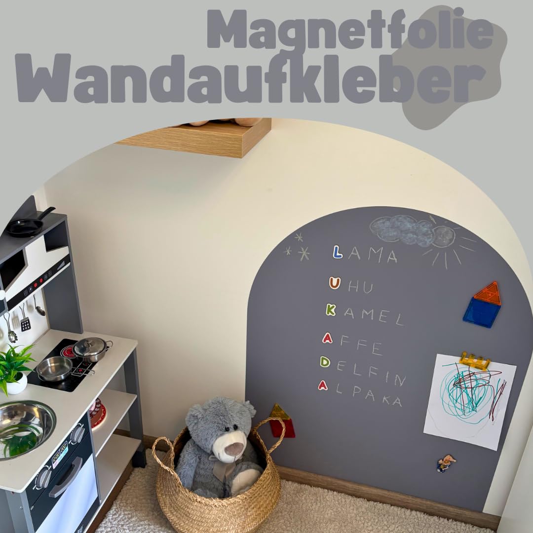 Lukada Magnetfolie | Magnetisch Selbstklebende Tafelfolie | 80 x 100cm rund Bogen Wand | Beschreibbar & Abwischbar Kreidefolie | Magnettafel Kind für Magnete | Magnetwand Kinderzimmer (Grau)