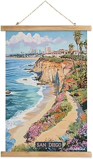 XIAOAIKA San Diego Coastal View Wall Art Vintage Poster, Canvas Print with Rustic Wood Hanging Frame, Beach Decor for Living Room or Office, 16"x23"