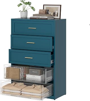 COFaR Metal Dresser for Bedroom, Blue 5 Drawer Bedroom Dresser with Gloden Handle, Dressers & Chests of Drawers for Nightstand Bedside Dorm, 48in Tall Peacock Blue