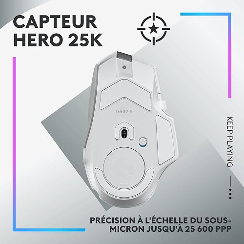 Logitech G G502 X PLUS LIGHTSPEED Souris Gaming RVB Sans Fil - Souris optique boutons hybrides LIGHTFORCE, LIGHTSYNC RVB, Capteur gaming HERO 25K, Compatible avec PC - macOS/Windows - Blanc - 4