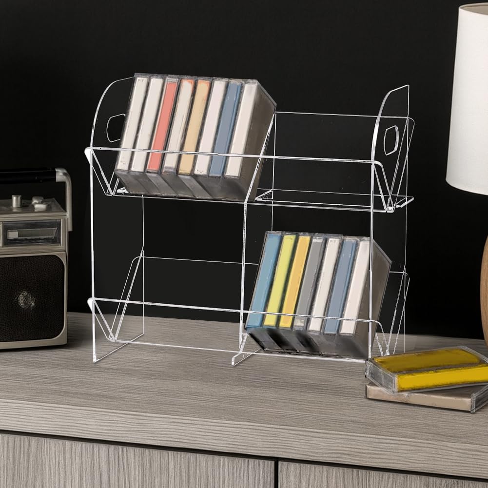 PH PandaHall Kassettenschachtel Halter 2 Tier Acryl Kassettenspeicher Regal Klar Retro Audio Tape Deck Speicher Display Case für Home Office Desk