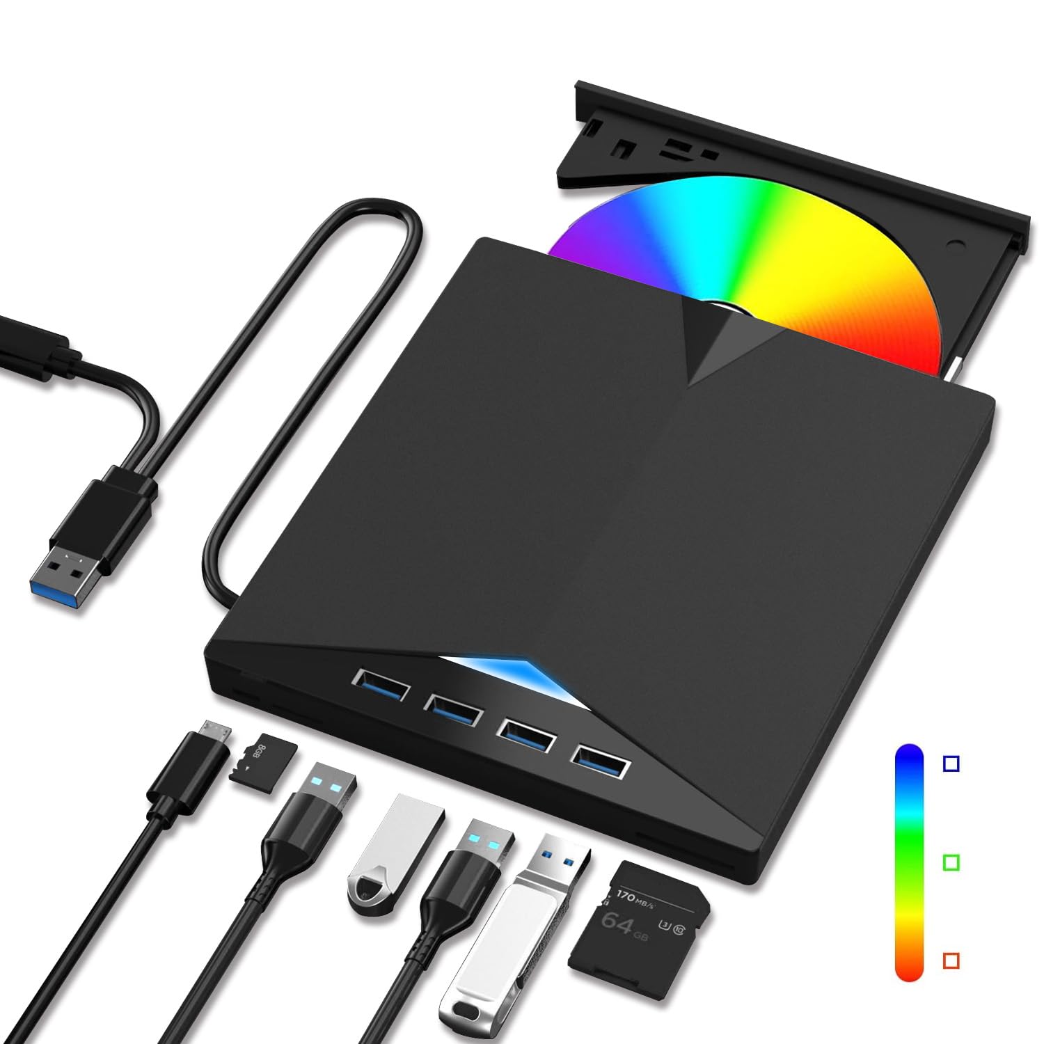 Lecteur Blu-Ray Externe, 8 en 1 Lecteur Blu Ray Externe, USB 3.0 Type-C Lecteur DVD/BD Blu Ray, 3D CD DVD Optical Bluray Drive pour PC Ordinateur Windows 10 8 7