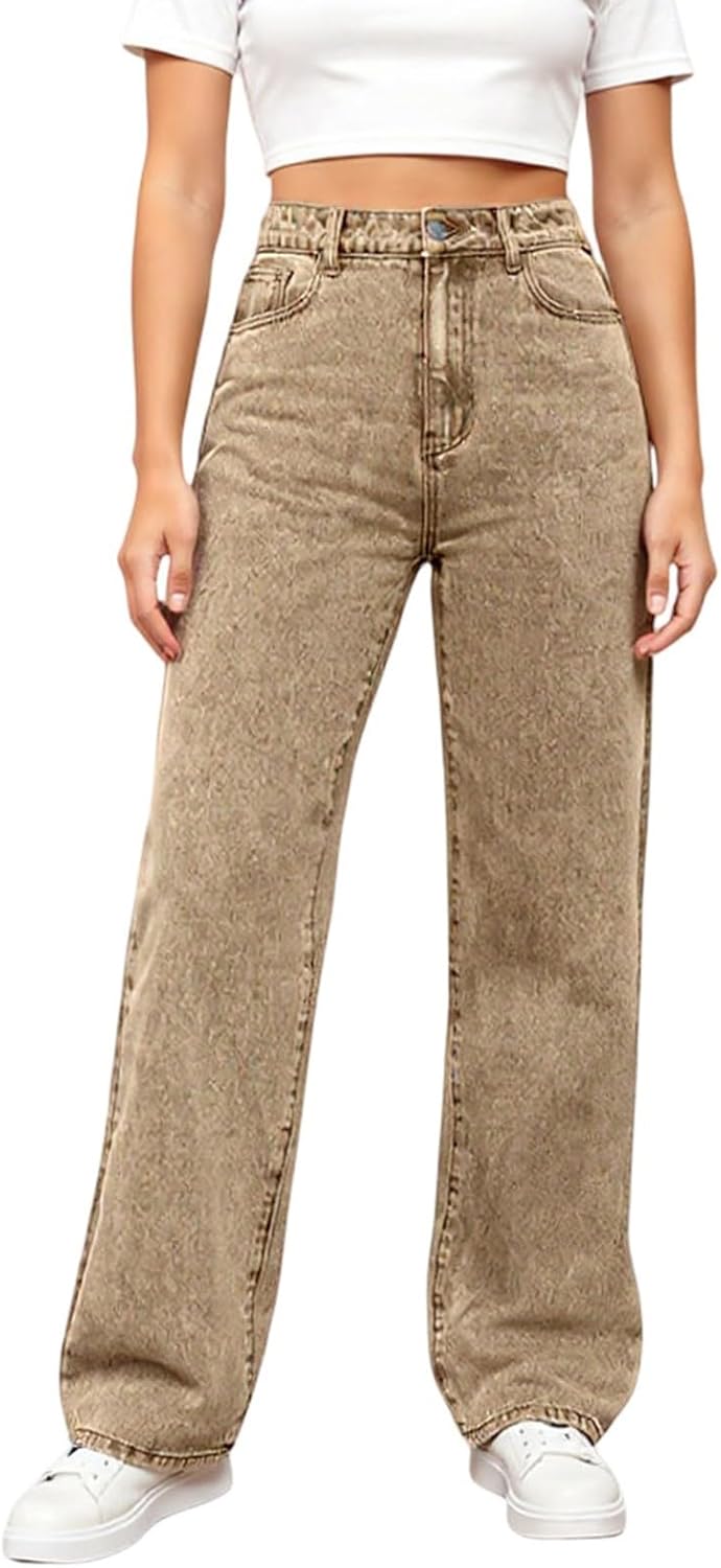 Wide Leg Jeans Woman High Waisted Baggy Jeans Stretchy Straight Leg Jean Tummy Control Blue Cowgirl Jean