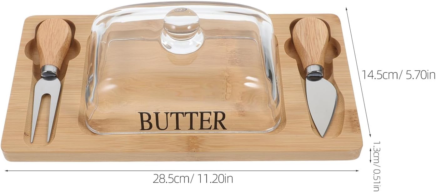 Butter Dish with Dome Lid and Double Blade, Wooden Butter Storage Box for Home Kitchen, Cheese Preservation Container with Tray for Refrigerator Use