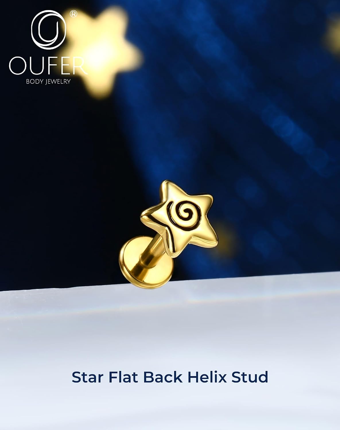 OUFER 16G Spiral Star Internally Threaded Gold/Silver Flat Back Helix Stud