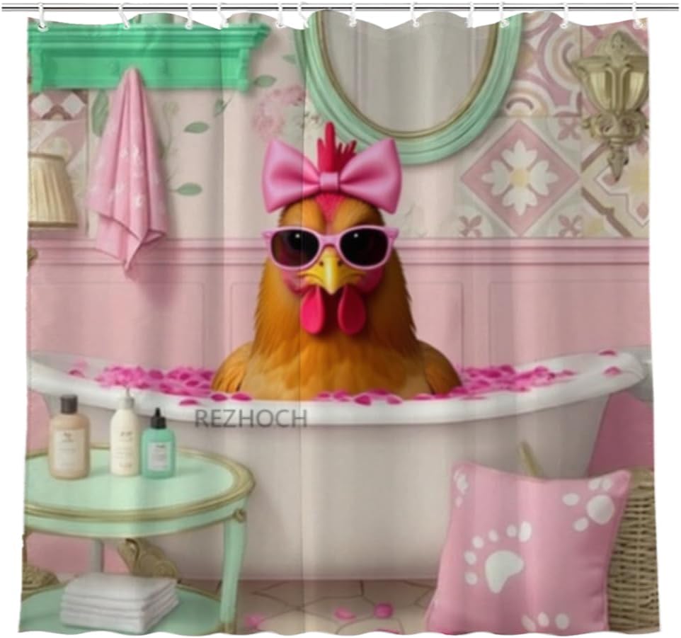 Fun Chicken Shower Curtain 72x72Inch Kids Cute Animal Sunglasses Bowkno in Bathtub Lovrely Vintage Fashion Pet Girl Pink Bathroom Decor Fabric Waterproof with Hooks
