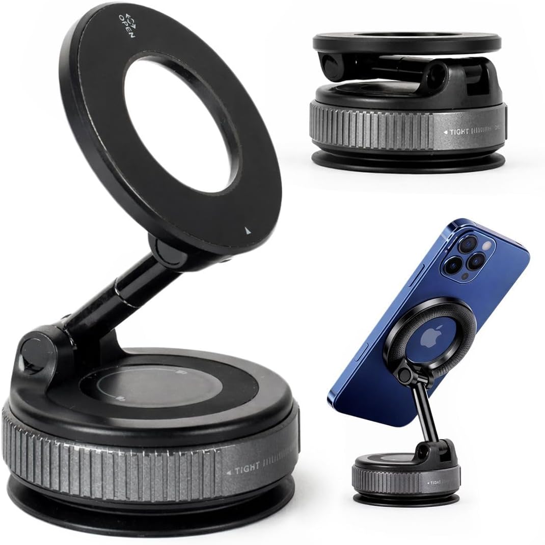 Vacuum Magnetic Phone Mount for Car –360 Rotation, Foldable Suction Cup Magnetic Phone Holder for Dashboard, Gym Mirror & Smooth Surfaces, Compatible with iPhone & Android Smartphones