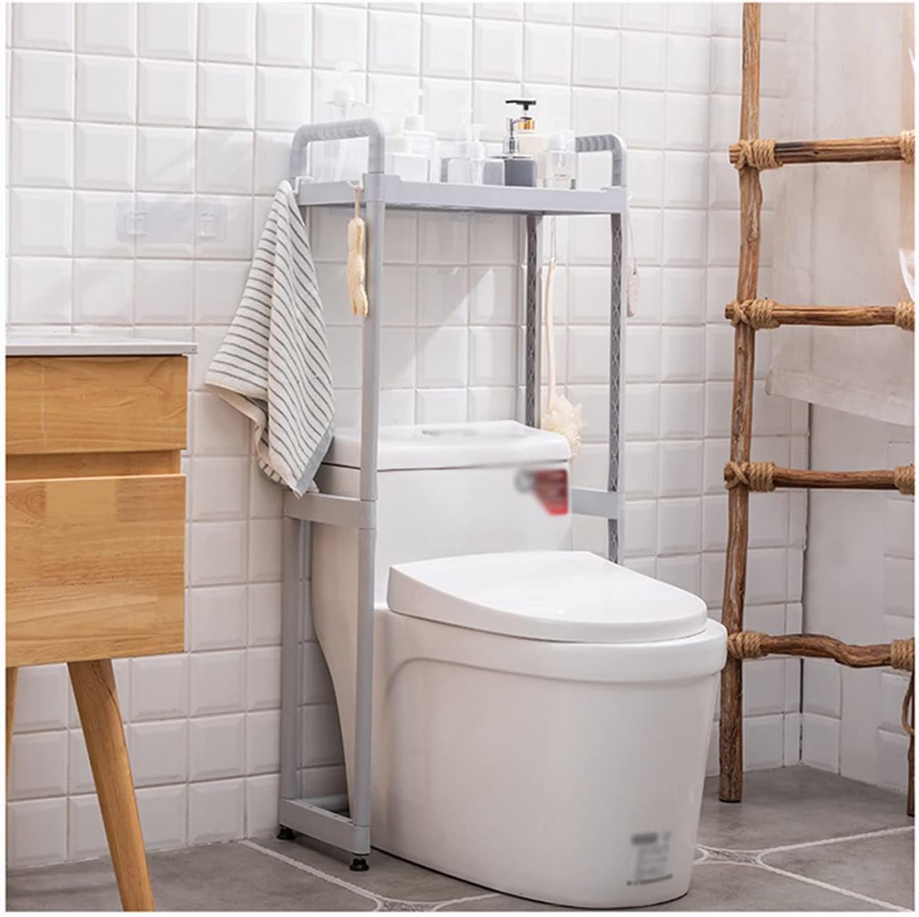 Over The Toilet Storage 3 Tier Shelf Bathroom Organizer for Small Room Freestanding Space Saver with Hooks and Sticky Patch Bottom Hollow Ventilation Gray ()