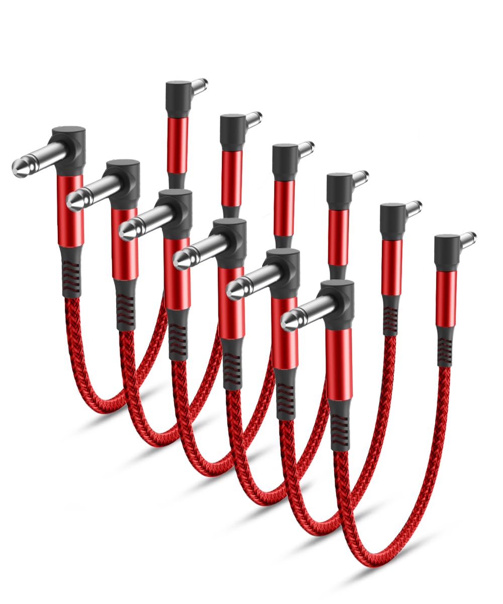 Elebase Guitar Pedal Patch Cables 6-Pack,6 Inch 6.35MM Effects Pedal Board Cord 1/4'' Right-Angle Braided Flat Audio Cable Shielded TS Copper Male Connector for Microphone Amp/Amplifier Mixer
