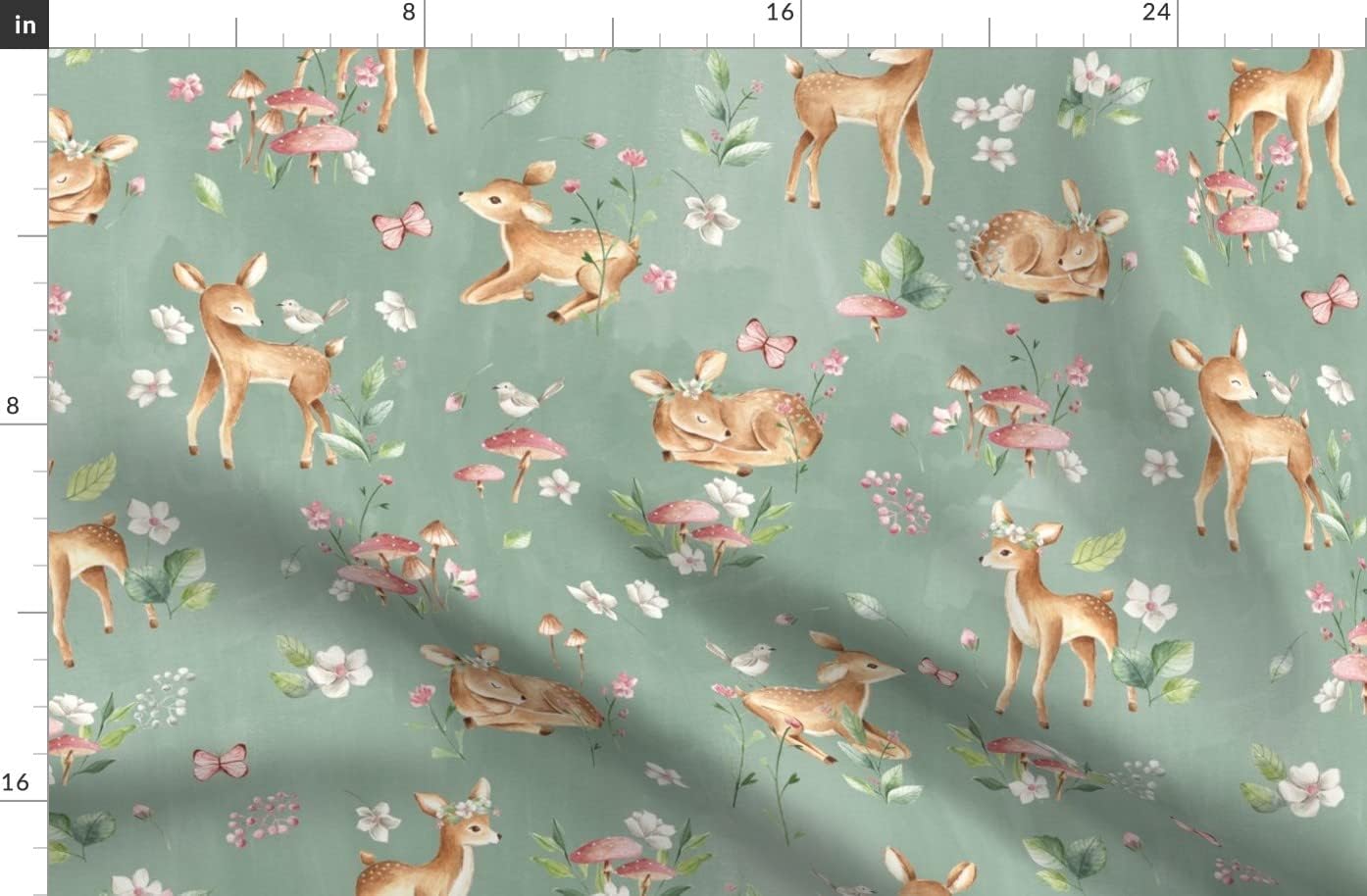 Spoonflower Fabric - Large Deer Flowers Green Woodland Forest Nursery Fawn Animal Printed on Organic Cotton Sateen Fabric by The Yard - Sewing Quilting Apparel Home Decor