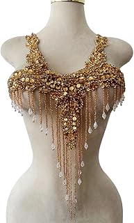 Pure Handmade Rhinestones Beads Patches Trim Bodice Applique Sewing Fringe Tassel Chain for DIY Clothing Wedding Decoration 15X19.6inches (Champagne)
