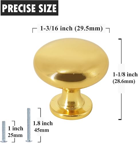 Miniatura 2 de Probrico Paquete de 10 pomos dorados redondos para cajones de 1-316 pulgadas (1.161 in) de diámetro, tiradores de gabinete de cocina con un solo