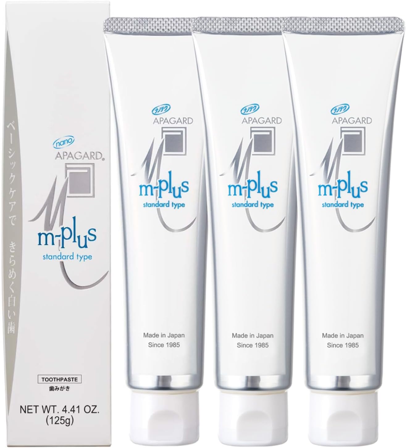 APAGARD® M-Plus, Sangi's Nano-Hydroxyapatite Toothpaste for Naturally Whiter Teeth, No Fluoride, for Family use, 125g / 4.4 oz, Mild Mint Flavor, Pack of 3