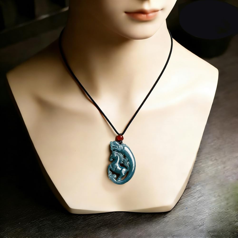 Natural Jade Dragon Horse Spirit Pendant Necklace - Lucky Wealth Chinese New Year Symbolism - Auspicious Zodiac Dragon Horse Amulet Pendant for Men & Women