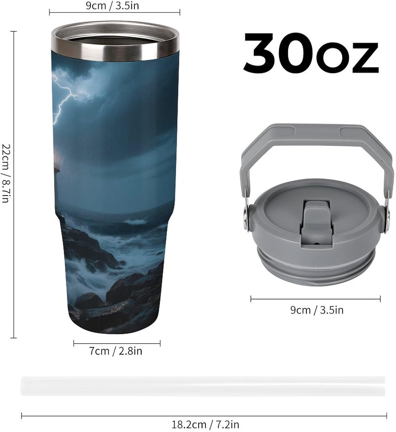 30 Oz Insulated Mug with Handle Lid And Straw Lighthouse on A Rainy Night Pattern Large Metal Sports Bottle Great for Gifts Parties Office Coffee
