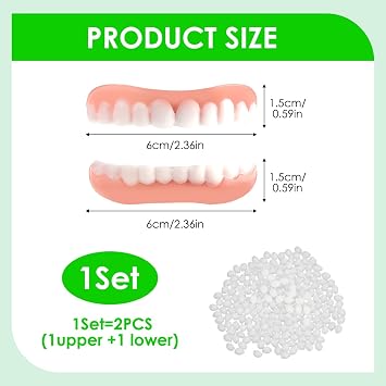 2 Pcs False Clip On Teeth, Snap On Veneers Set for Upper & Lower Jaws, Dentures Silicone, Natural Looking Instant Smile Enhancer, Comfort Fit Cosmetic Fake Teeth Men Women White Artificial Fake Tooth