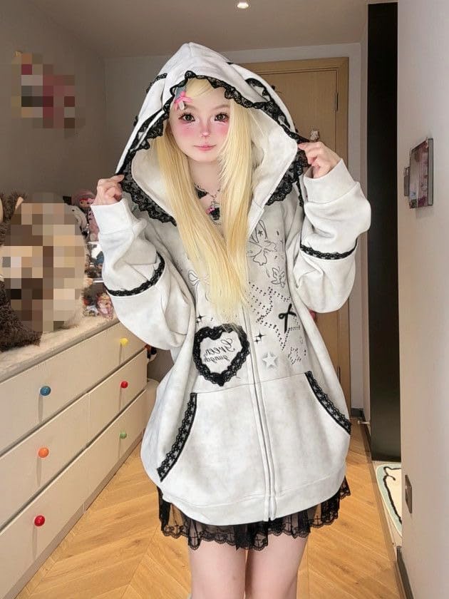 [YOOYOOFEI] 地雷系 長袖パーカー レディース ジップアップ スウェット ウサギの耳 フード付き 防風 前開き かわいい